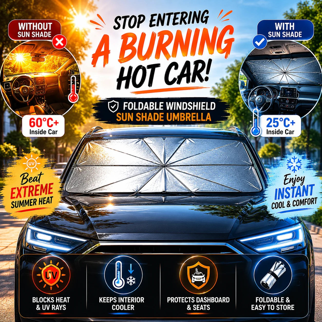 Foldable Windshield Sun Shade Umbrella – Instant Heat &amp; UV Protection
